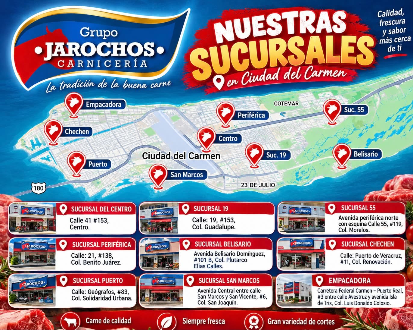 Mapa ilustrado oficial de las 8 sucursales y la empacadora de Grupo Jarochos en Ciudad del Carmen